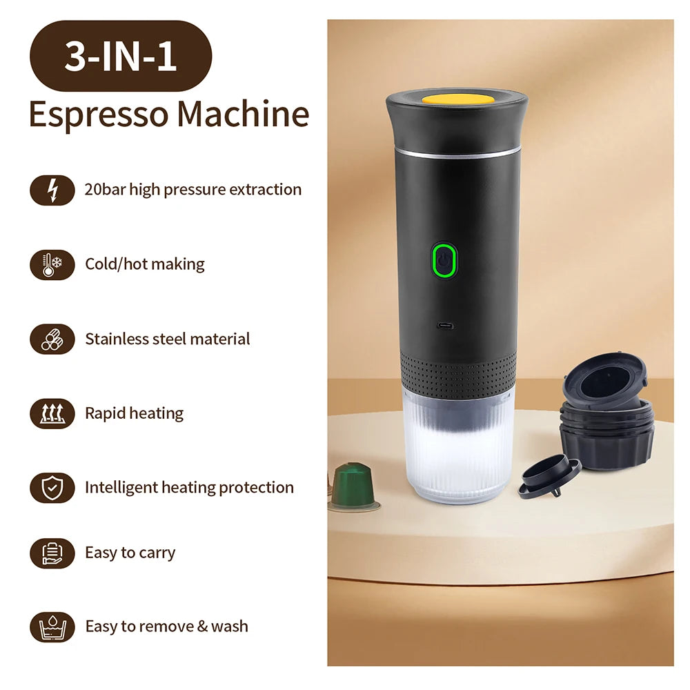 Portable Wireless Electric Espresso Coffee Machine – 3-in-1 Capsule & Powder Maker for Travel, Car & Home | Cartly Kitchen
