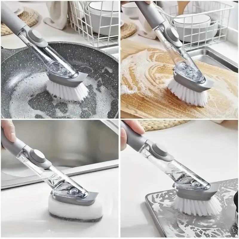 2-in-1 Refillable Kitchen Brush with Soap Dispenser – Long Handle Non-Scratch Scrubber | Cartly Kitchen