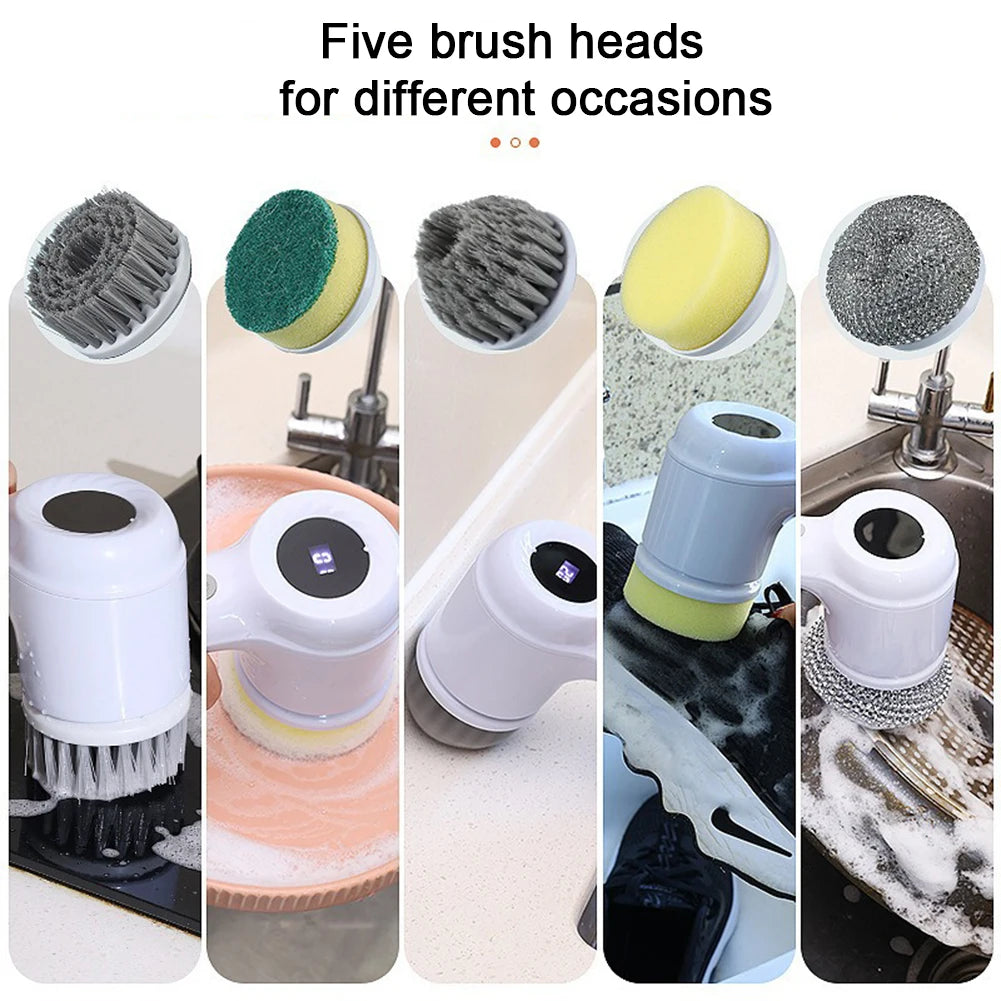 Electric Spin Scrubber with 5 Brush Heads – Versatile Dish & Bathroom Cleaning Tool | Cartly Kitchen