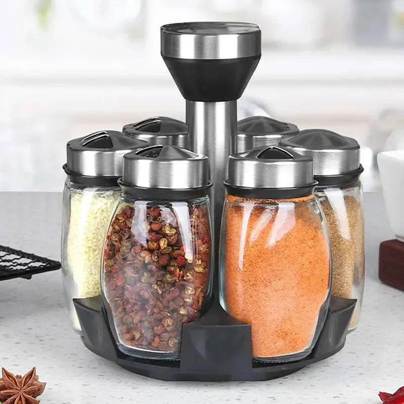 7-Piece Rotating Spice Jar Set – Glass Seasoning Organizer with Rack | Cartly Kitchen