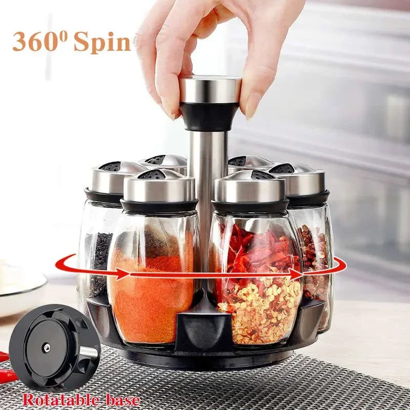 7-Piece Rotating Spice Jar Set – Glass Seasoning Organizer with Rack | Cartly Kitchen