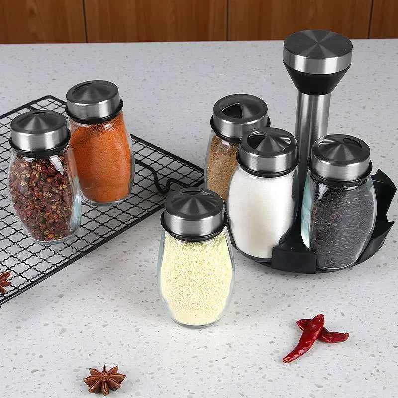 7-Piece Rotating Spice Jar Set – Glass Seasoning Organizer with Rack | Cartly Kitchen