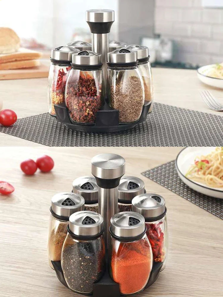 7-Piece Rotating Spice Jar Set – Glass Seasoning Organizer with Rack | Cartly Kitchen