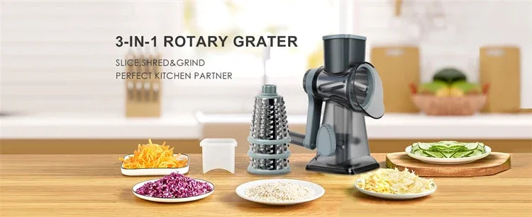 3-in-1 Rotary Cheese & Vegetable Grater with Nut Grinder – Manual Kitchen Slicer | Cartly Kitchen