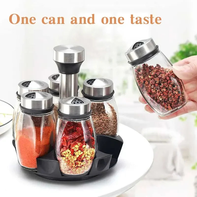 7-Piece Rotating Spice Jar Set – Glass Seasoning Organizer with Rack | Cartly Kitchen