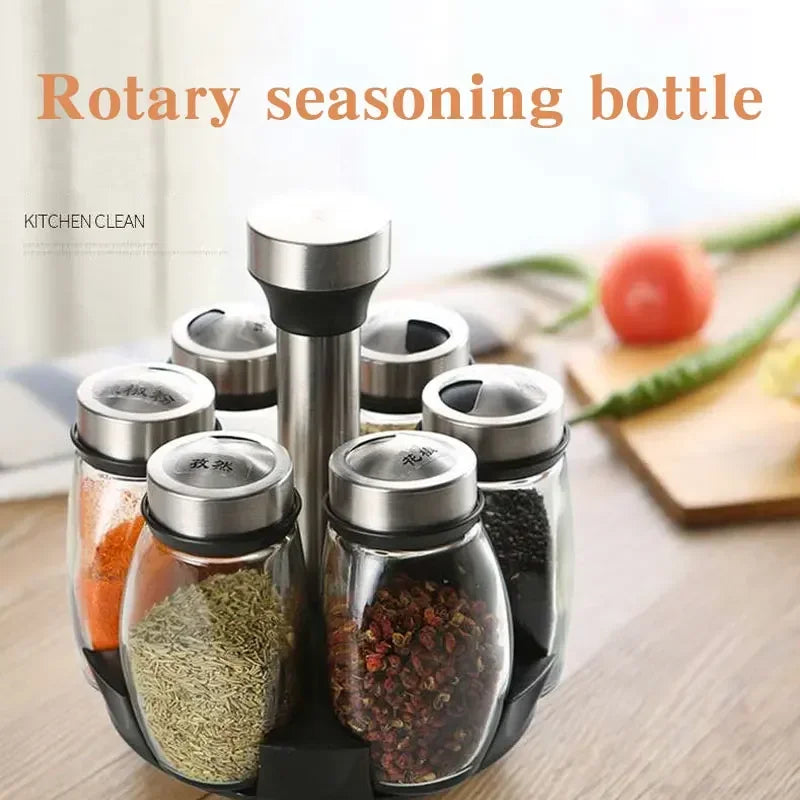 7-Piece Rotating Spice Jar Set – Glass Seasoning Organizer with Rack | Cartly Kitchen